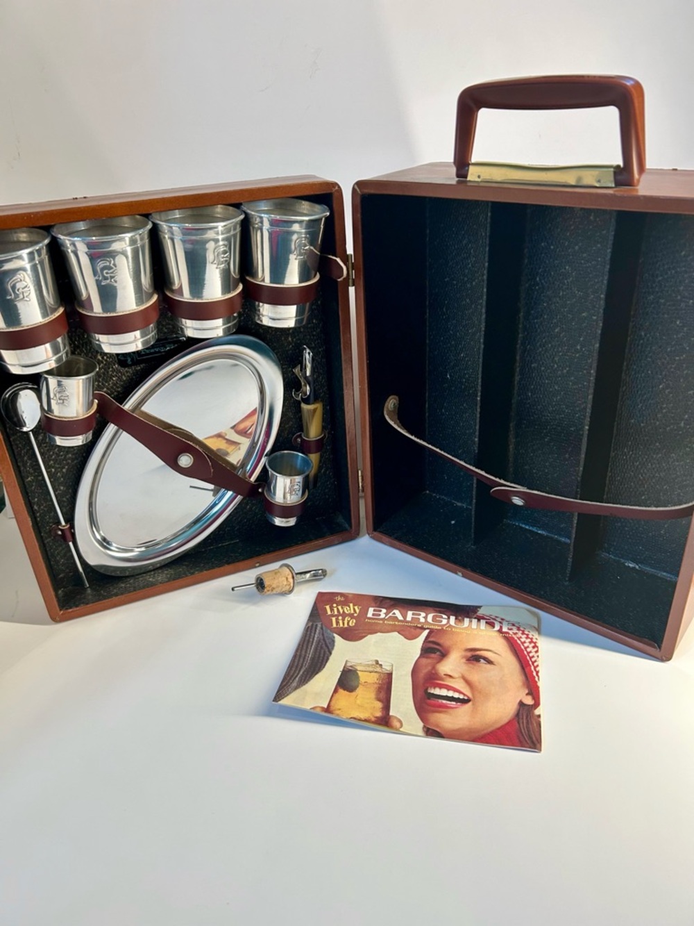 Vintage Travel Bar Set with Stainless Cups and Brown Case